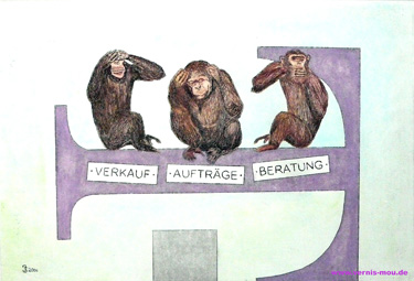 Die drei Affen / Jürgen Spell / 2000 Auflage: 6 kolorierte Exemplare Plattenmaß 19,6x29,5cm